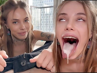 BunnyRabbits schoolgirl uncompassionate swallows every drop of the brush man's cum